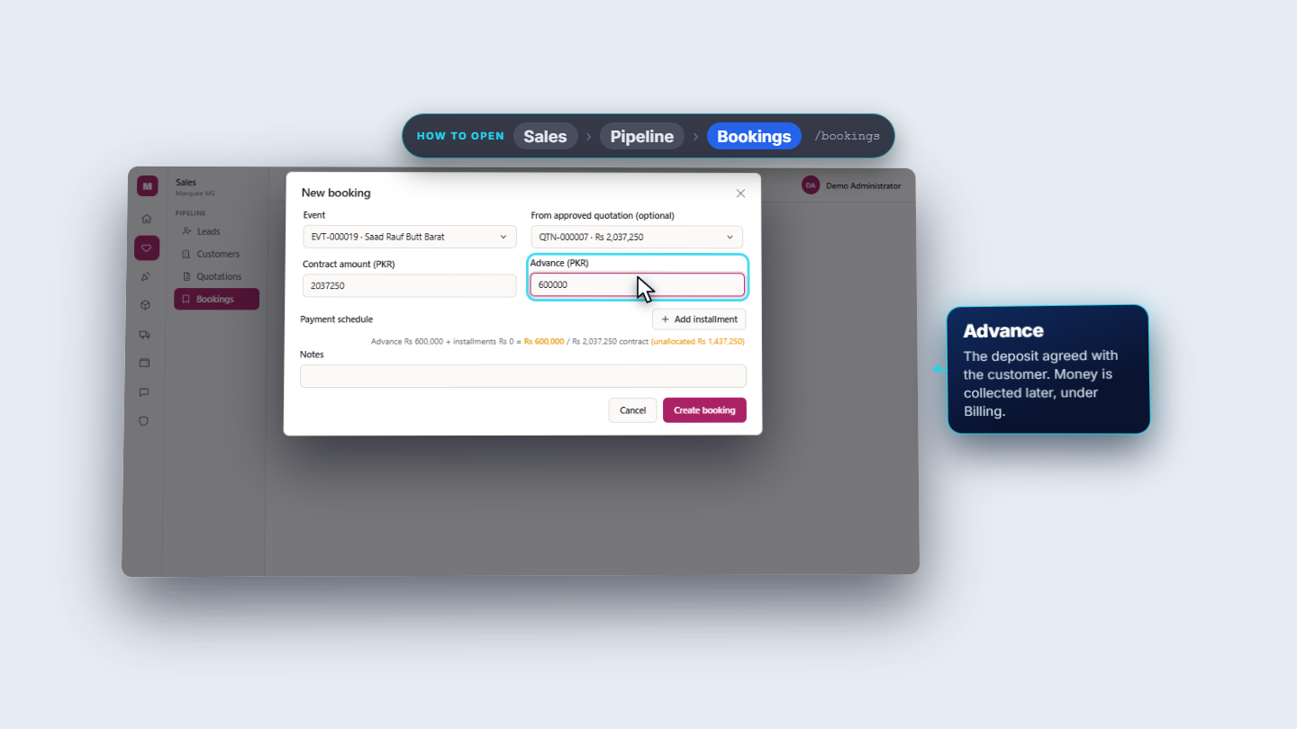 How to create a booking, collect the advance and confirm it