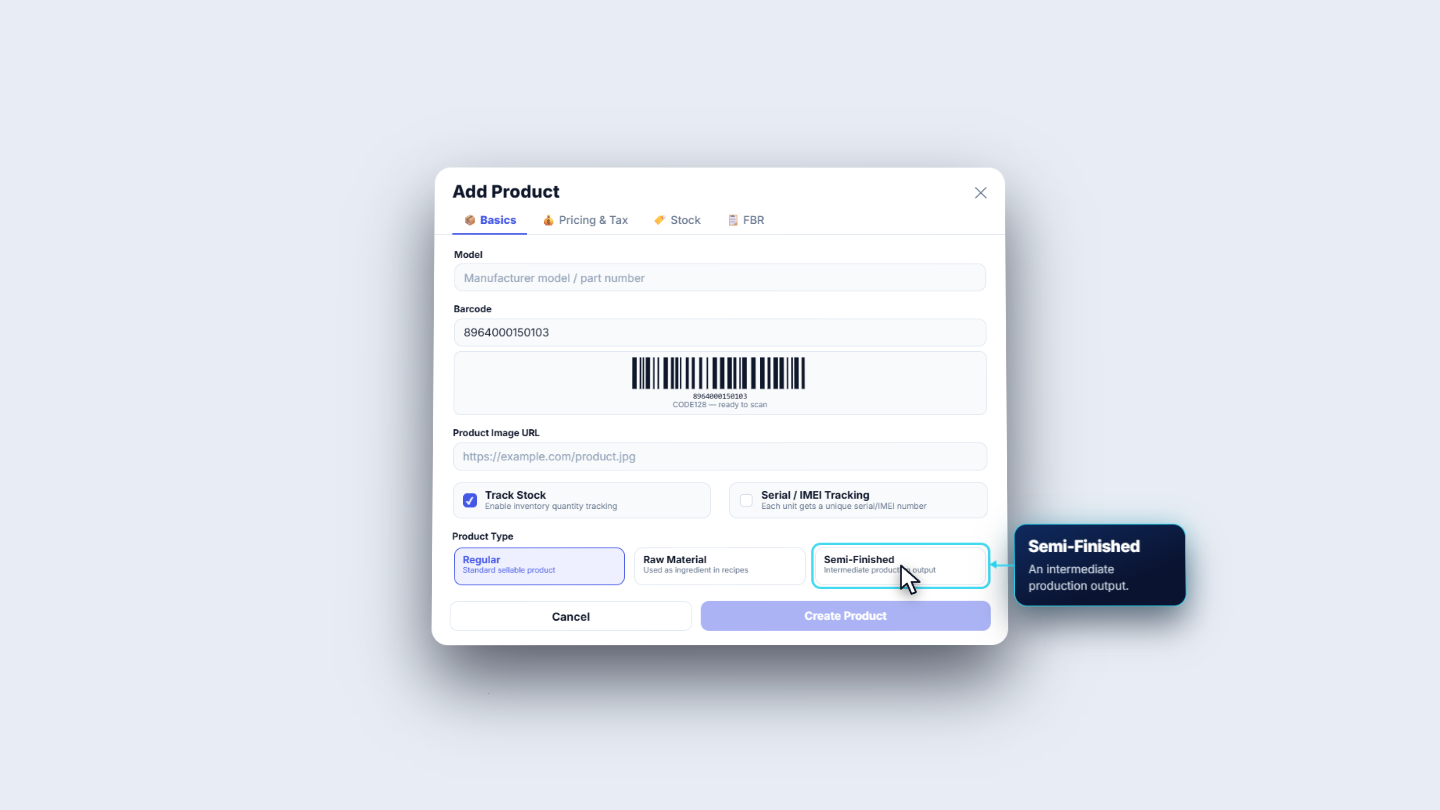 Basics tab with barcode preview and tracking options