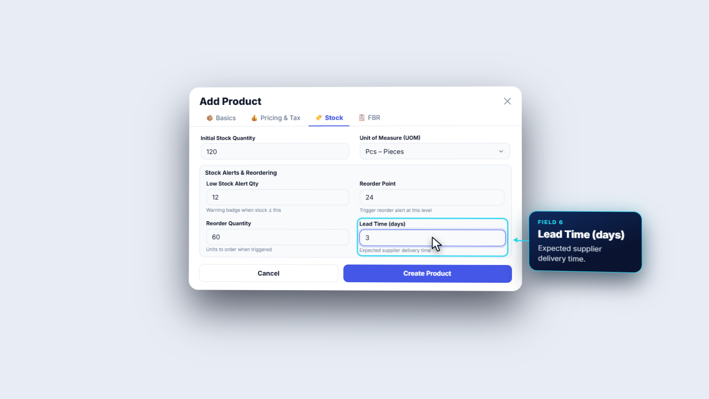 Stock tab with quantity, unit and reorder alerts