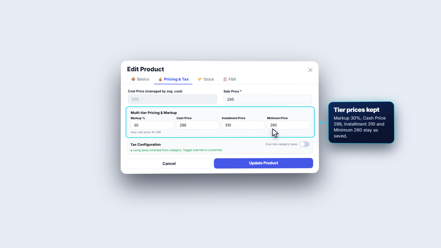 Edit Product with the sale price changed to 295