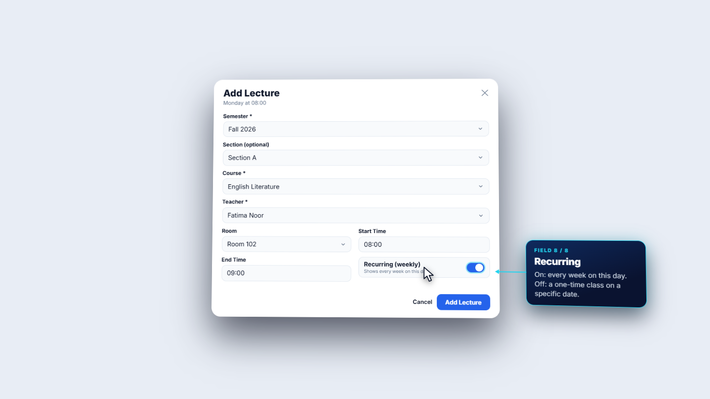Add Lecture dialog for Monday at eight