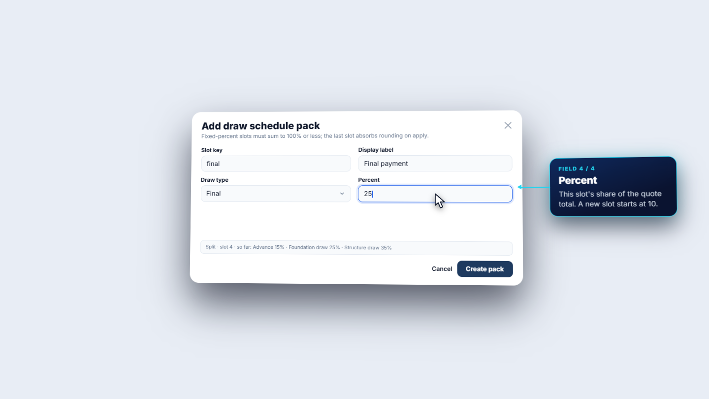 Add draw schedule pack dialog on slot 4, Final payment at 25 percent