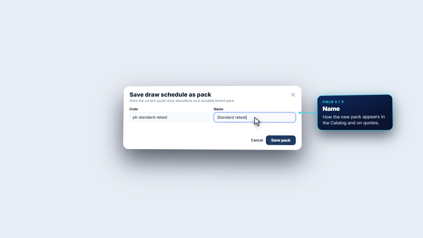 Save draw schedule as pack dialog with code and name