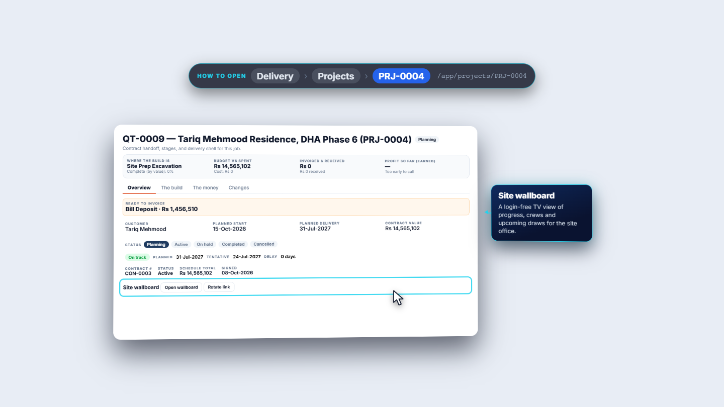 Project overview with contract, dates, status and the site wallboard