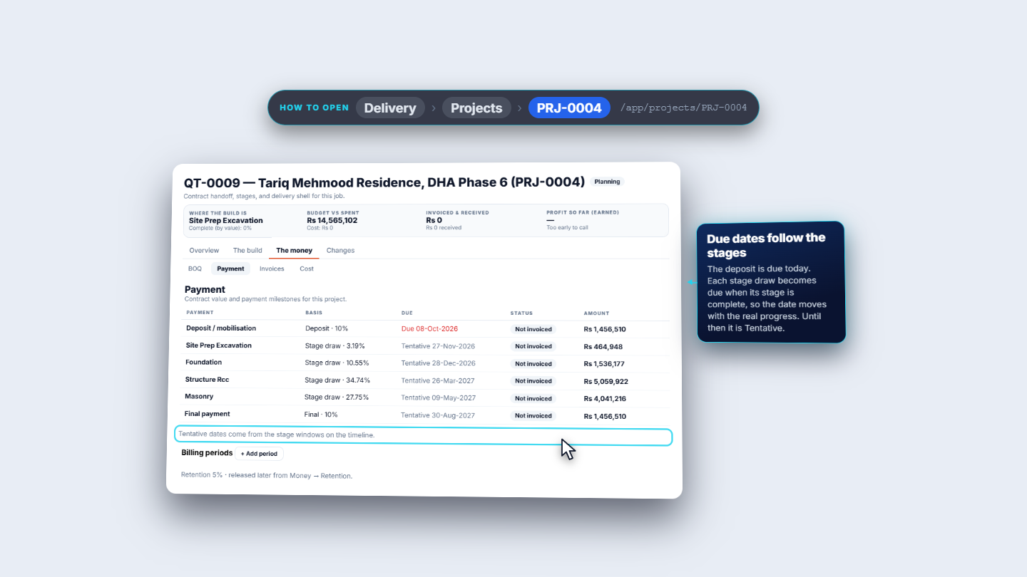 Payment tab with deposit, stage draws and final payment