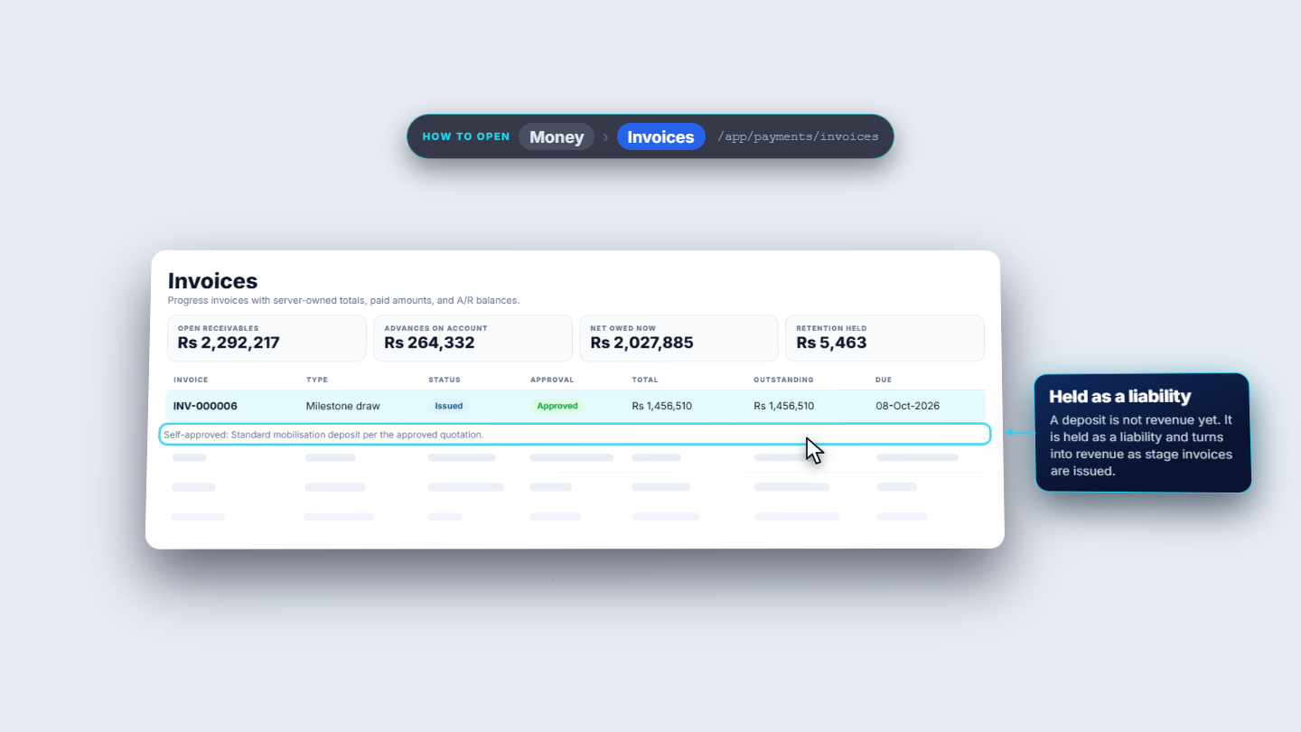 Invoices list with INV-000006 for the deposit
