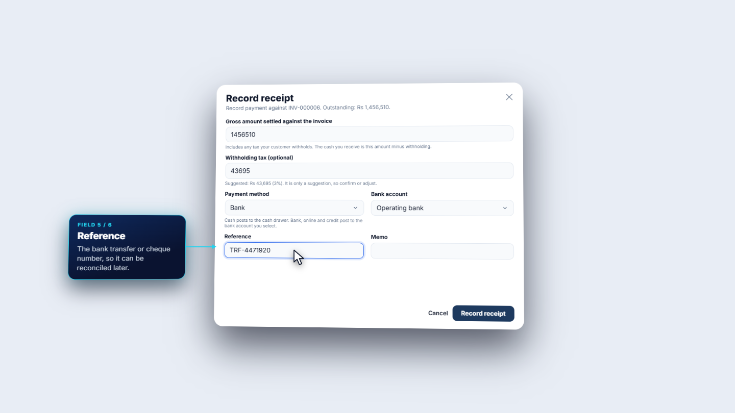 Record receipt dialog with gross amount, withholding, method, bank and reference