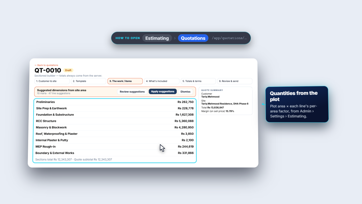 Estimator step with the site area suggestion and the sections with their totals