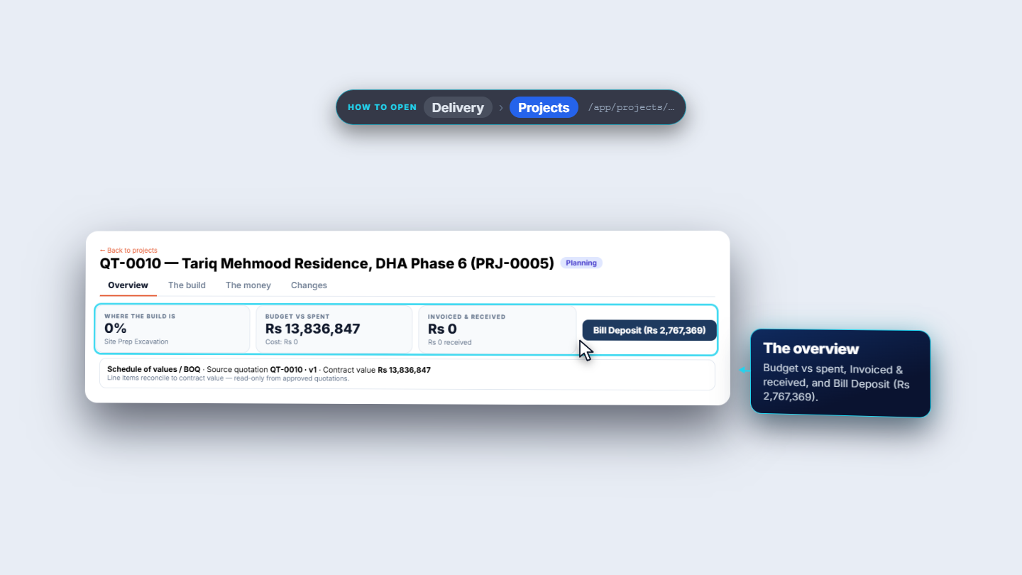 New project PRJ-0005 with its contract value and the Bill Deposit button