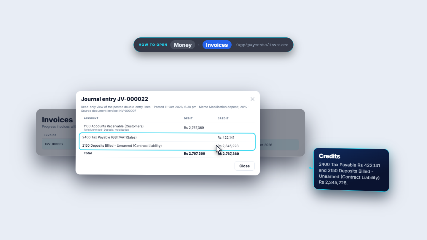 Journal JV-000022 with the receivable debit and the tax and unearned deposit credits