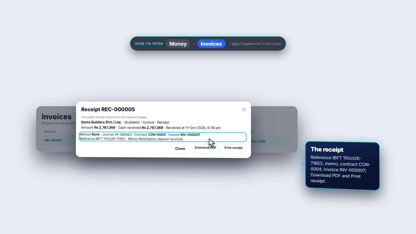 Receipt REC-000005 for the mobilisation deposit with method Bank