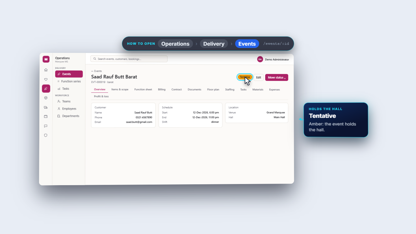 Event page with the Move status menu used to hold the hall as Tentative