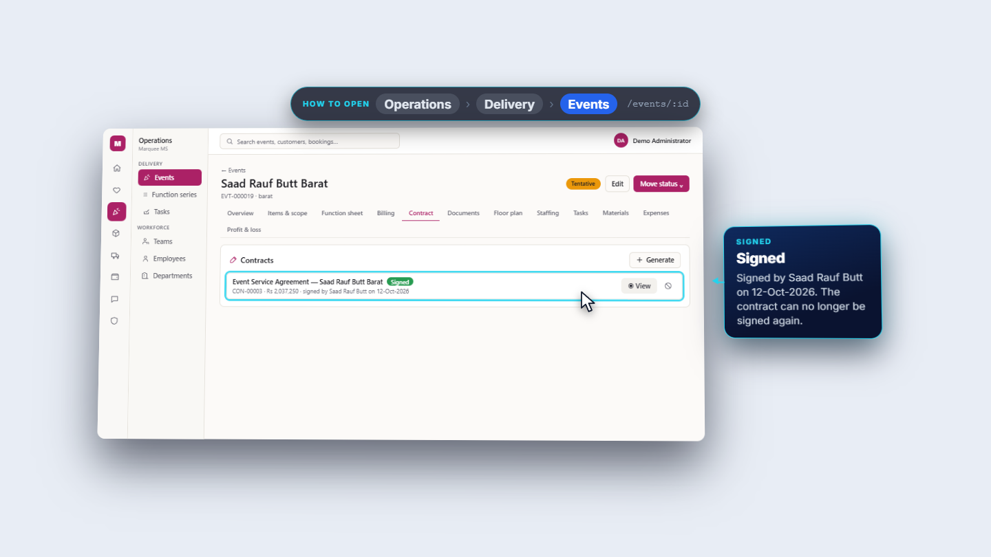 Sign contract dialog with signer name, role and signature box