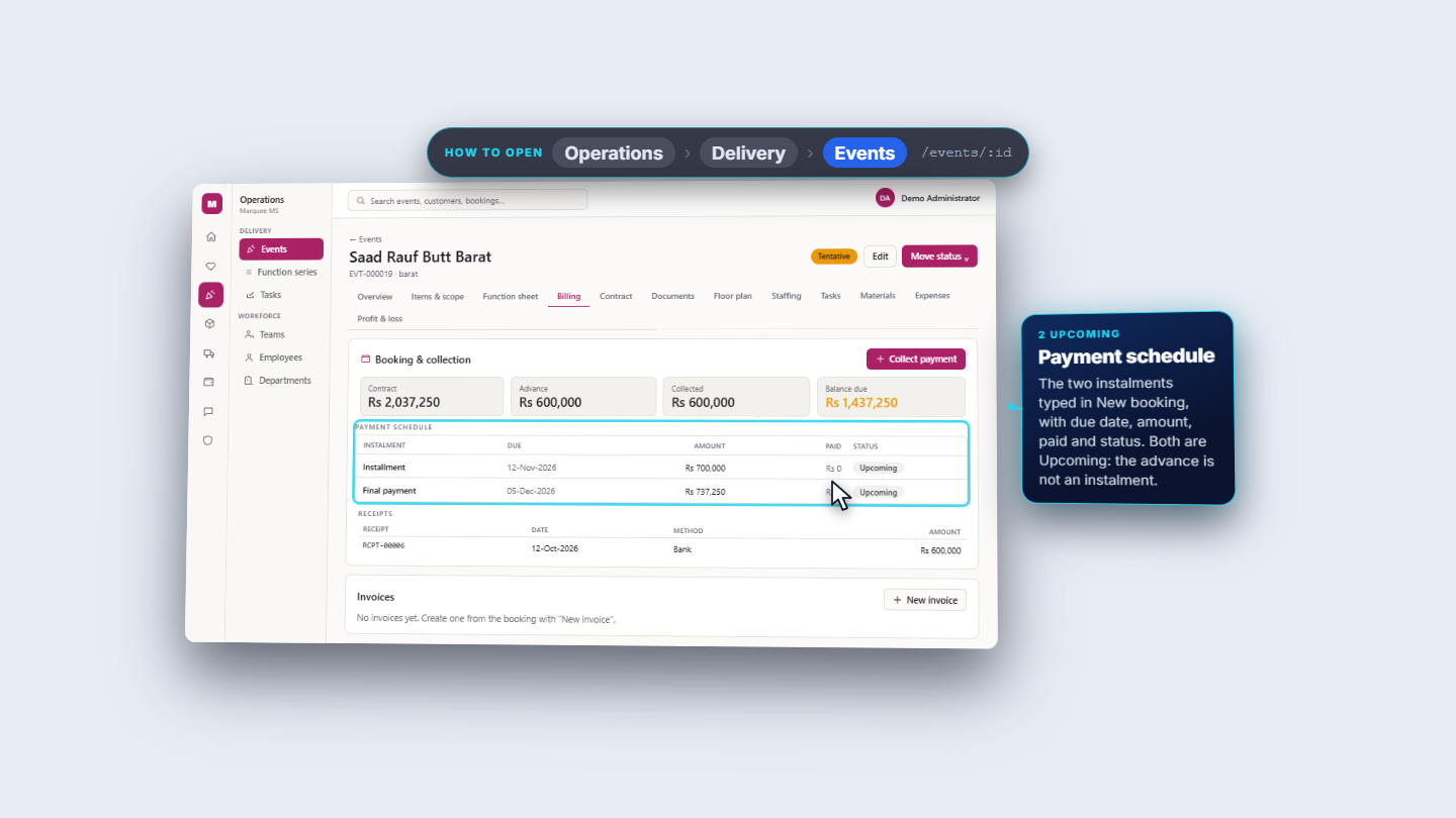 Billing tab with payment schedule and the first receipt