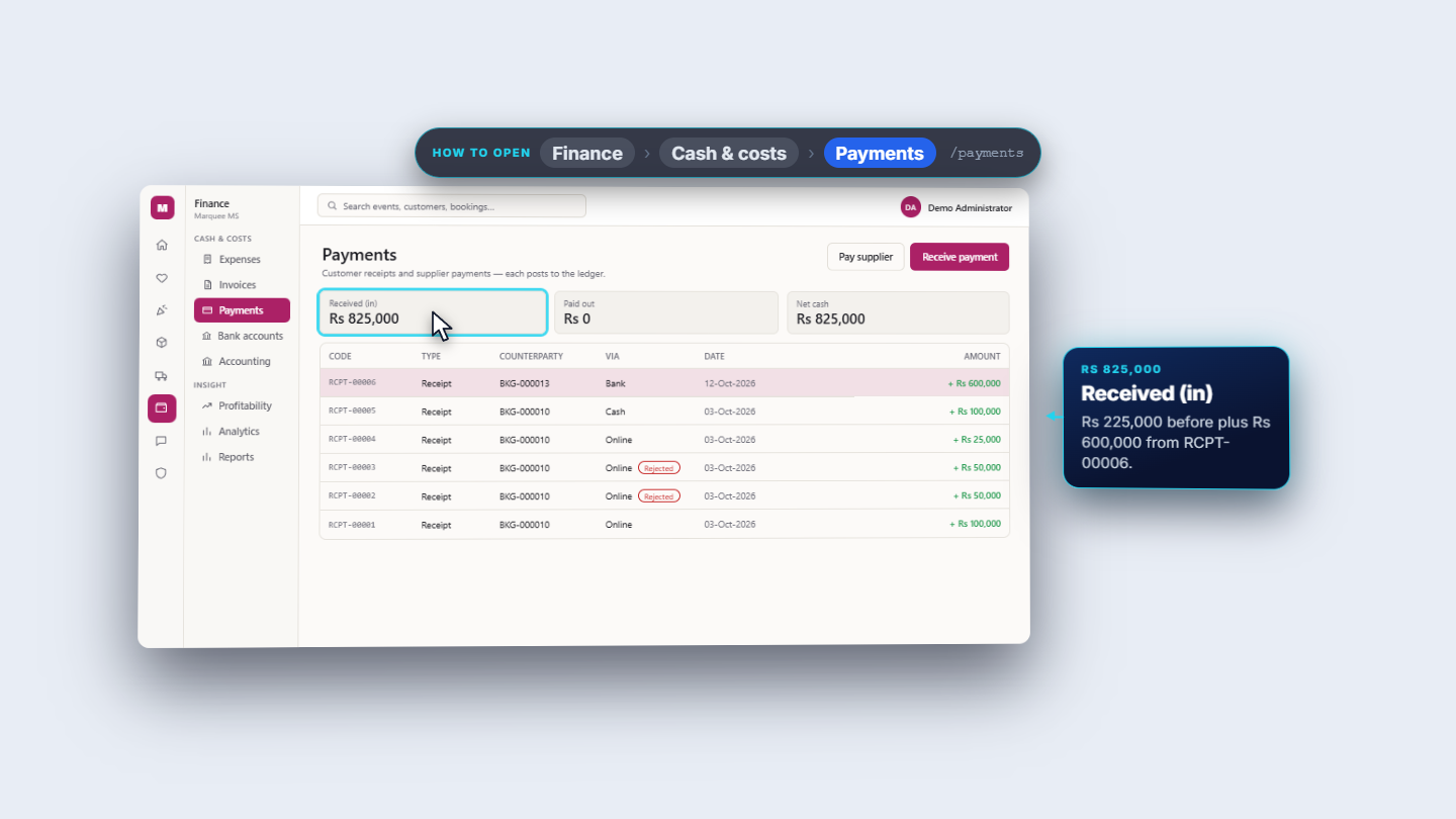 Finance Payments list showing the booking receipt as a plus amount