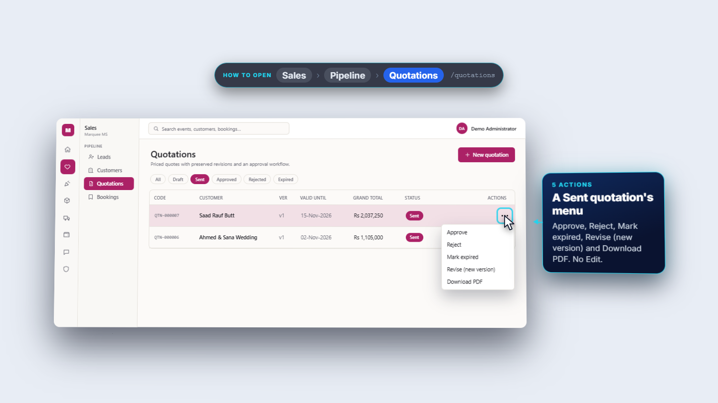 A sent quotation's Actions menu