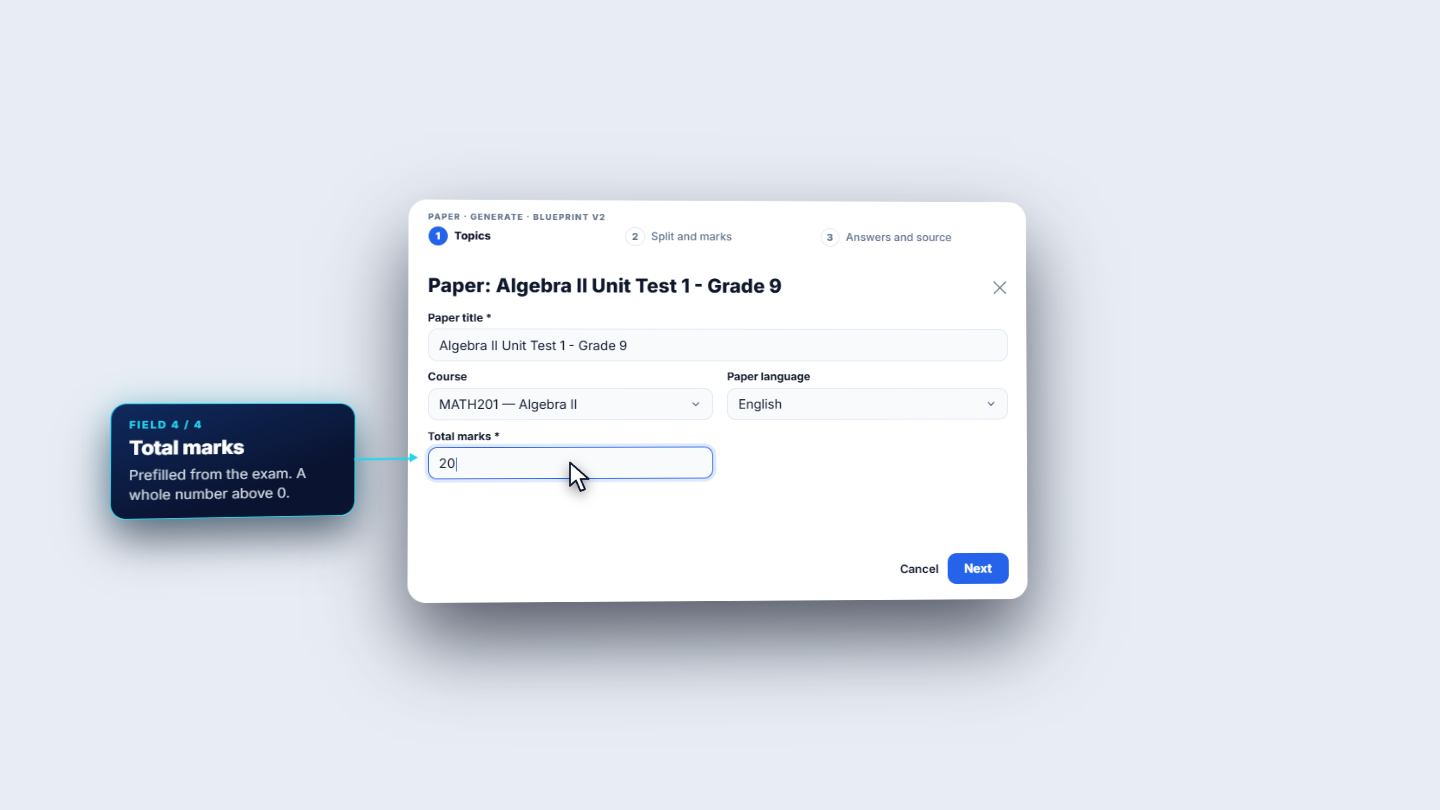 Blueprint step 1: paper title, course, language, total marks