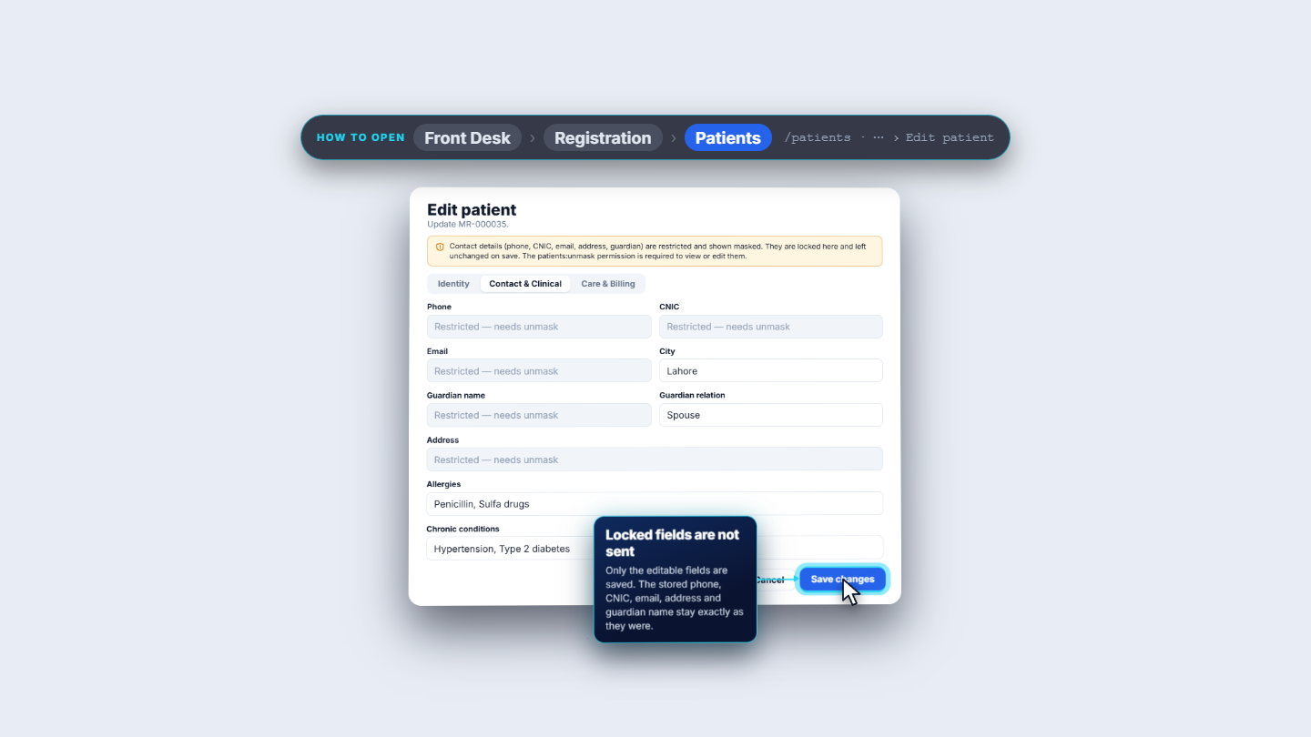 Edit patient with restricted fields locked and Save changes