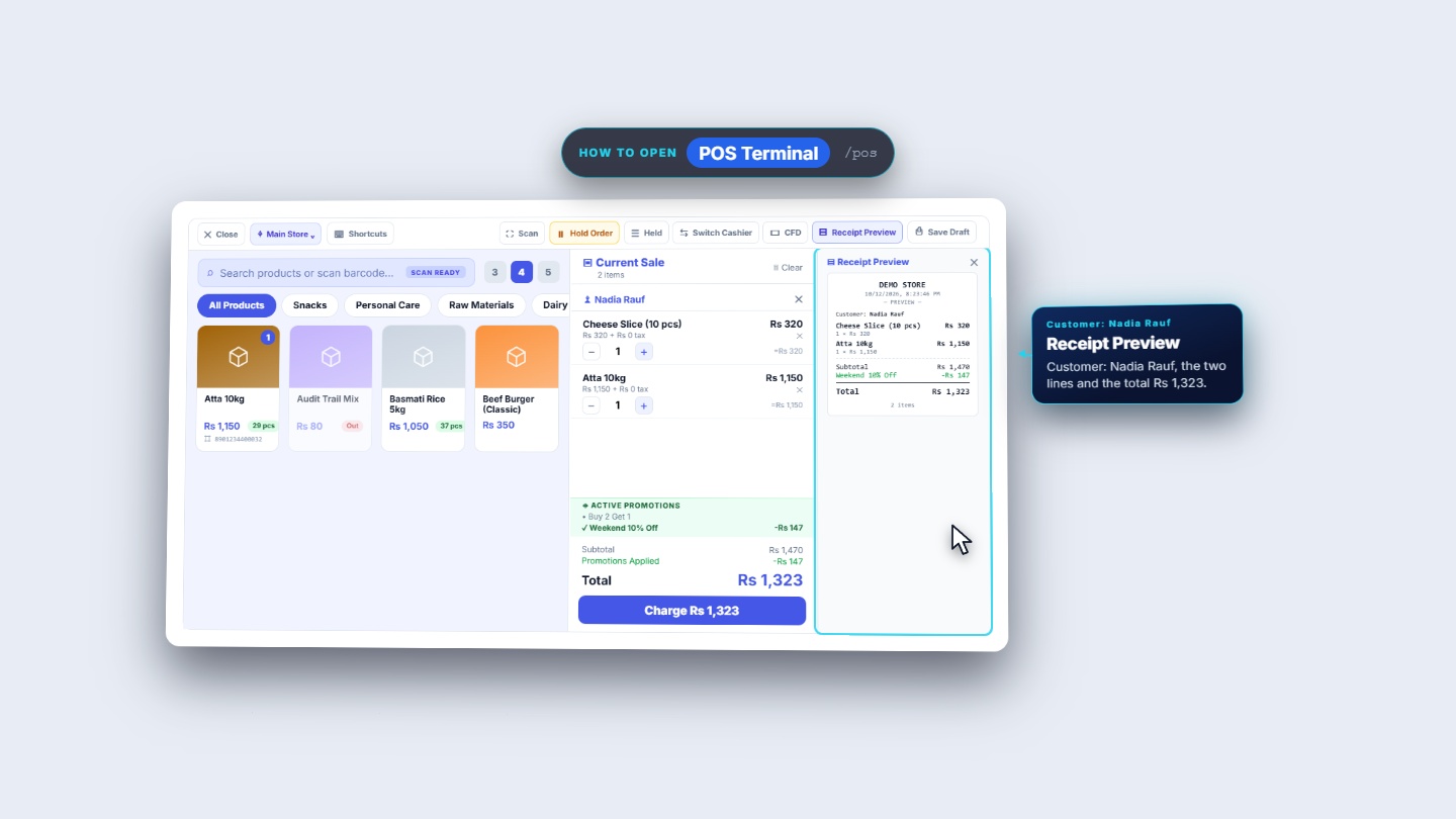 Cart restored from a held order with Nadia Rauf and the Receipt Preview