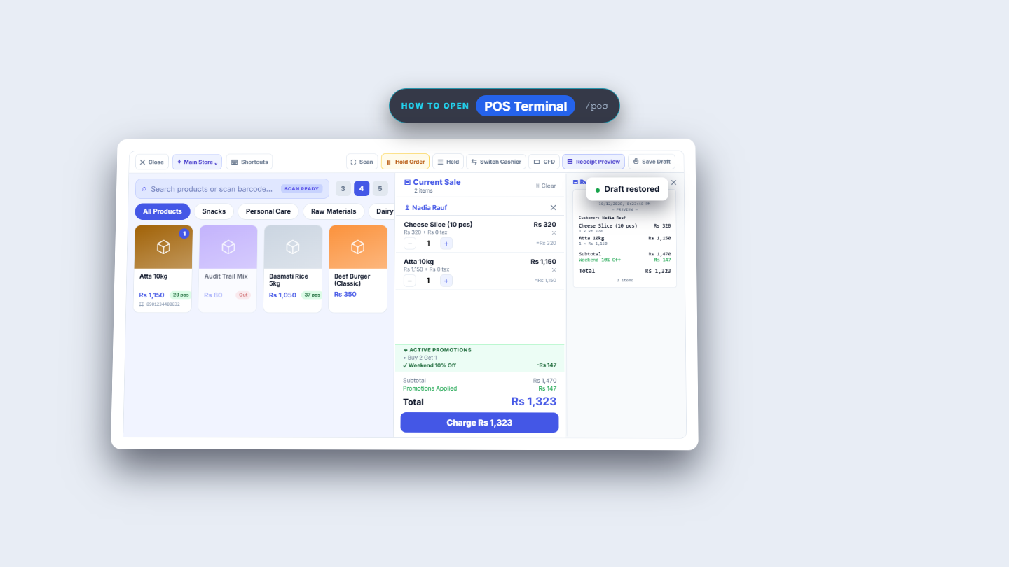 POS Terminal with the draft restored, customer and both lines back