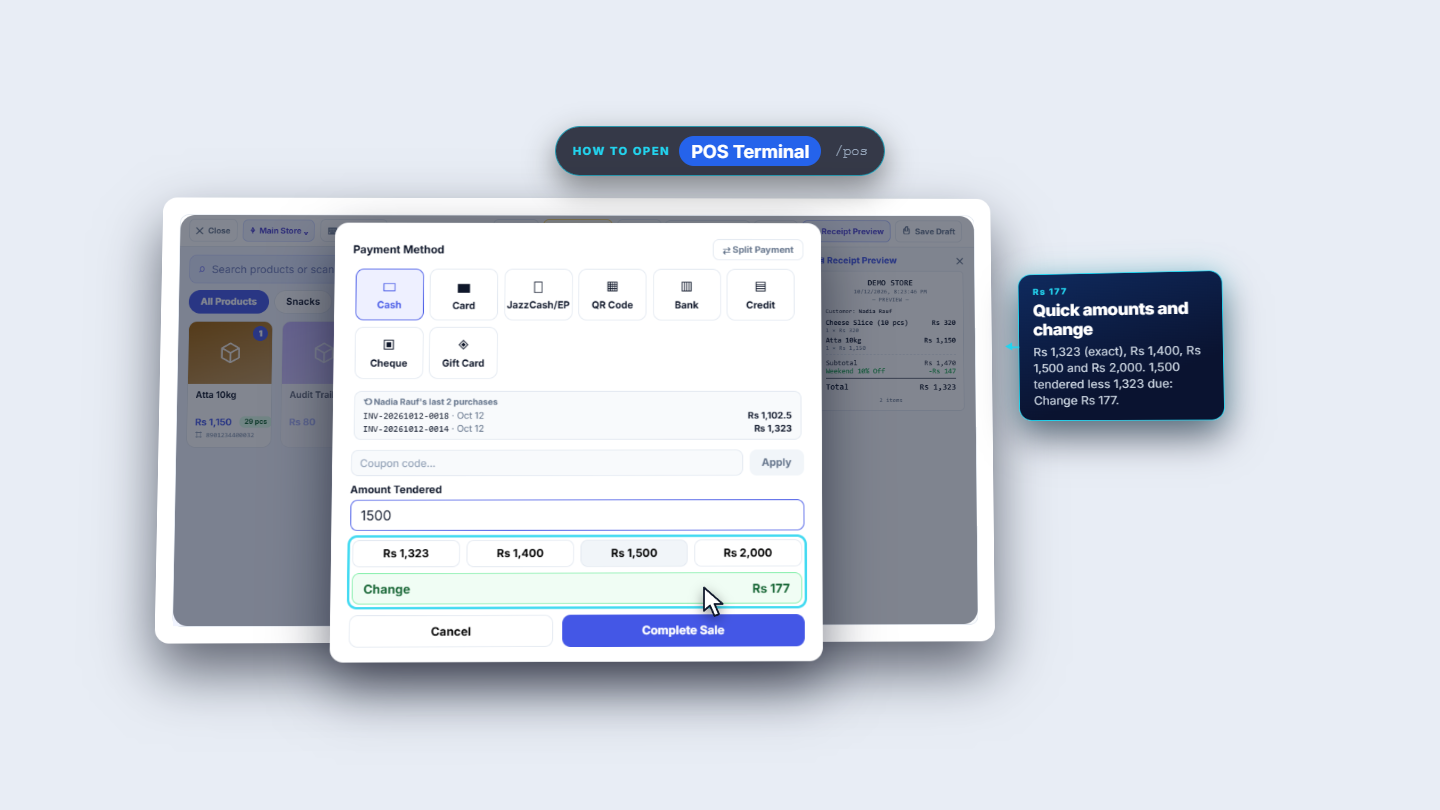 Payment dialog with Cash selected and quick amount buttons