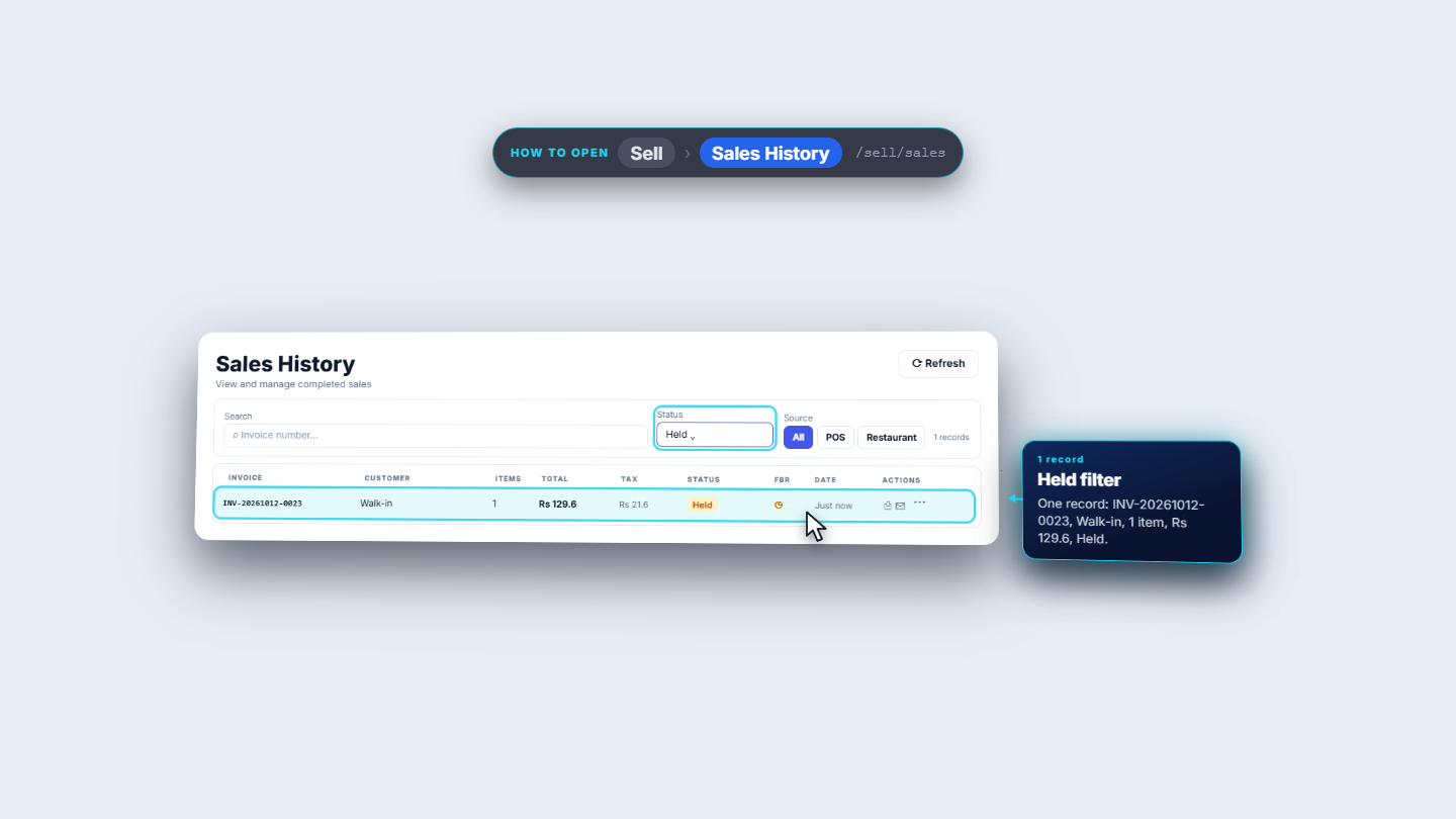 Sales History list with Completed, Voided and Held rows