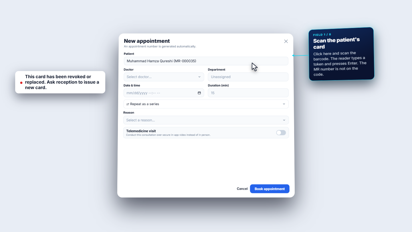 New appointment form with the revoked-card message