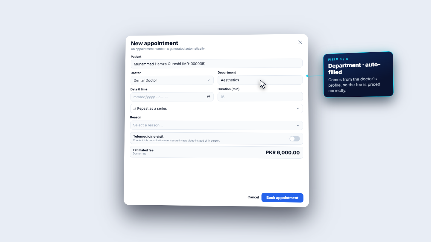 Doctor Dental Doctor with department Aesthetics filled in automatically