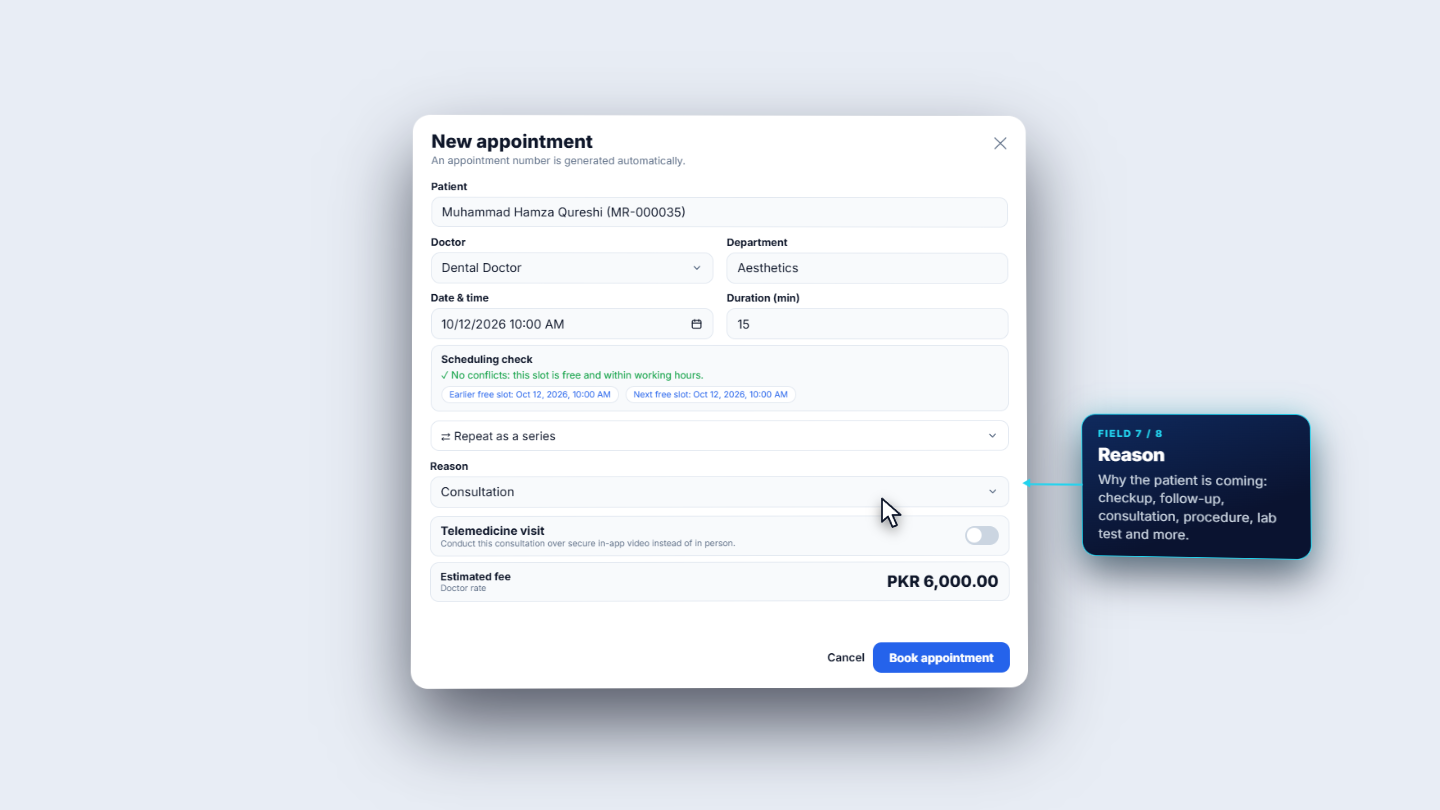 Reason Consultation with the Scheduling check showing no conflicts