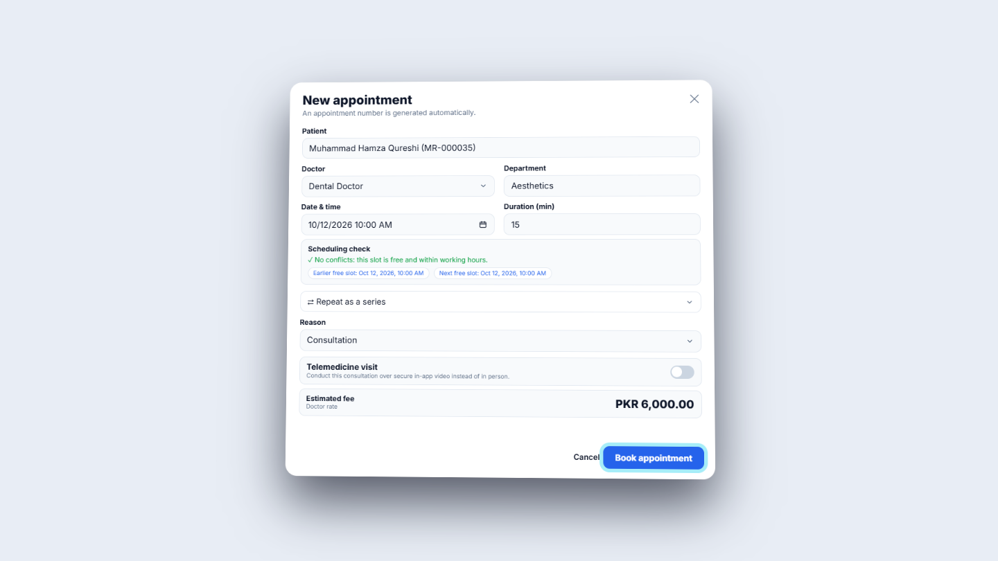 Completed form with Telemedicine visit off and the Book appointment button