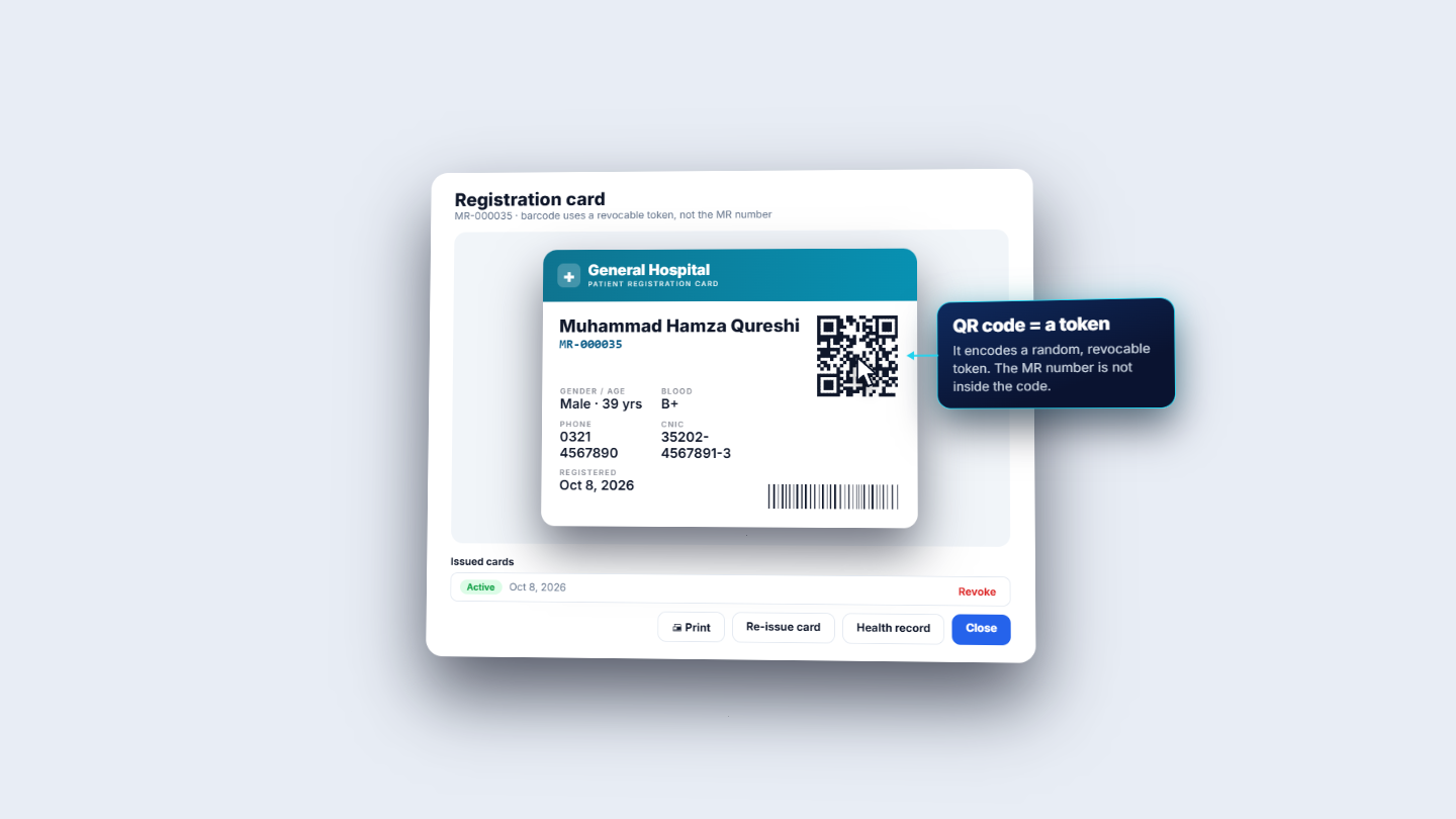 Registration card with name, MR number, QR code and barcode