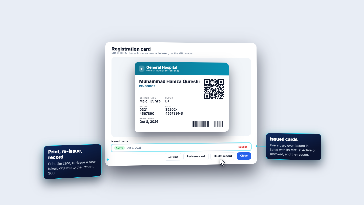 Issued cards row showing Active, with Print, Re-issue card and Health record