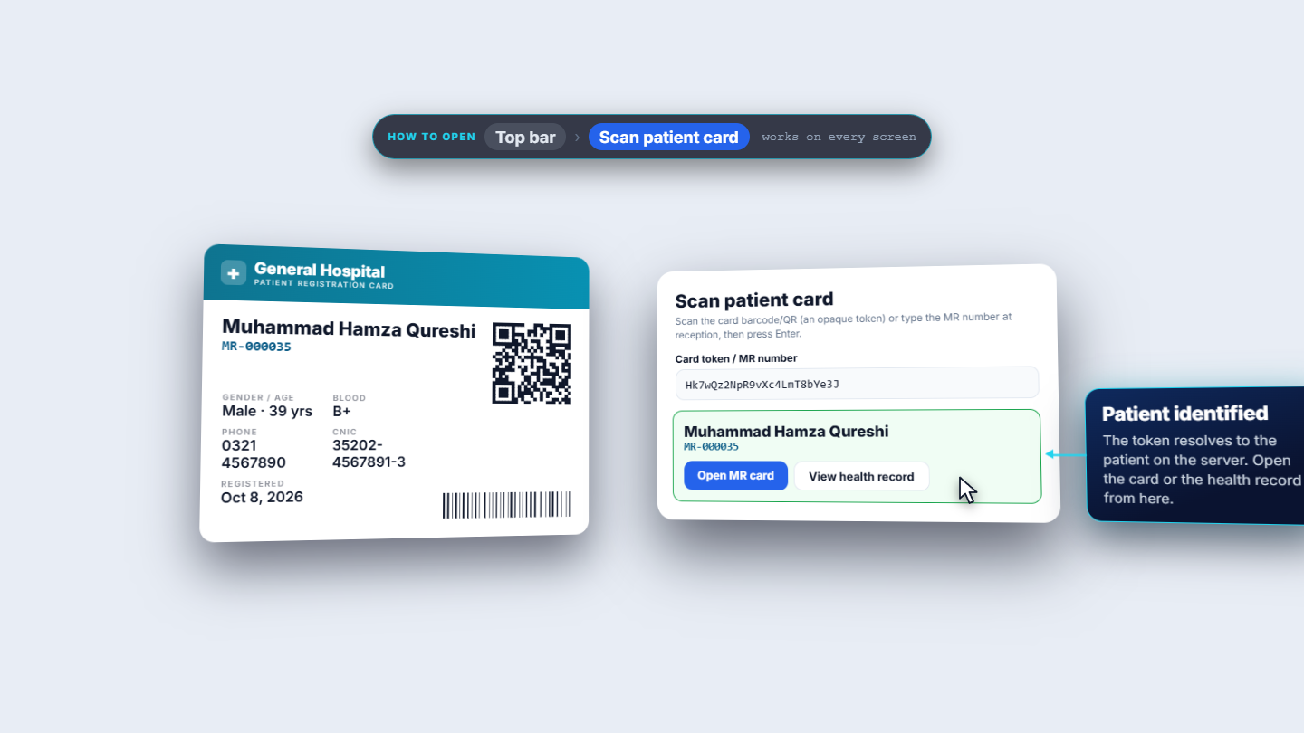 Scan patient card dialog showing Muhammad Hamza Qureshi identified