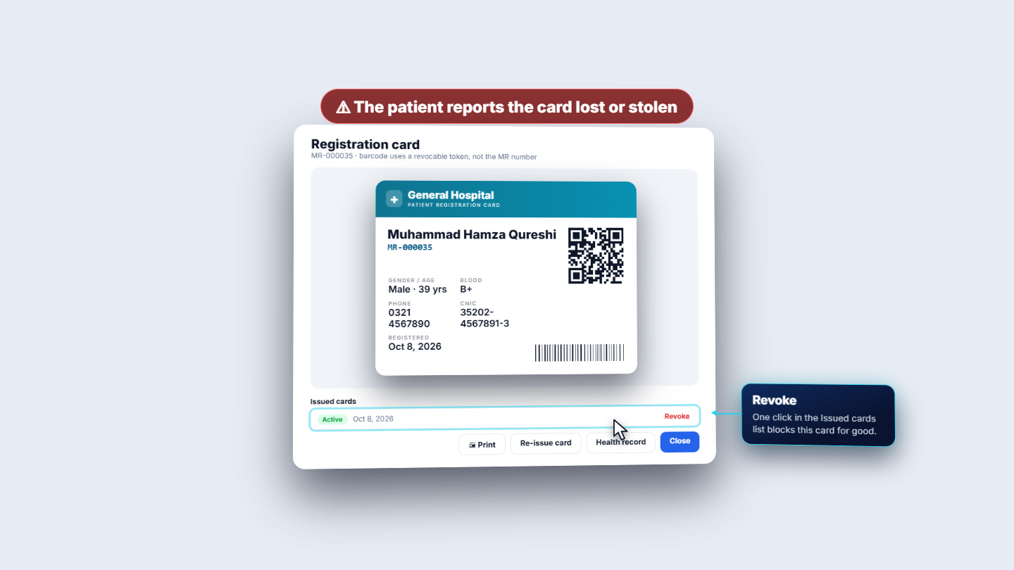 Issued cards row with the Revoke button while the patient reports the card stolen