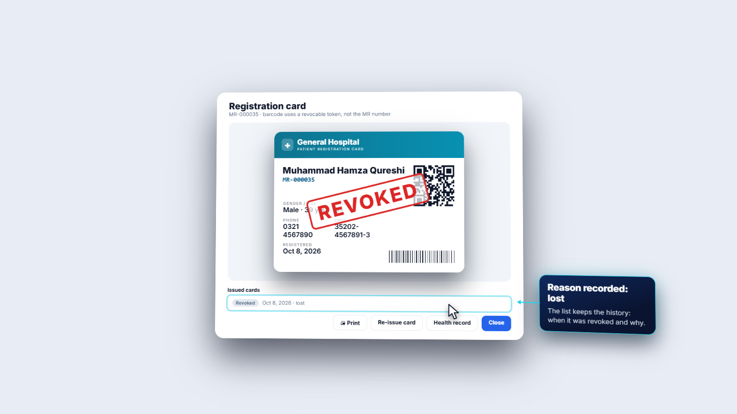 Card stamped REVOKED with the reason lost in Issued cards