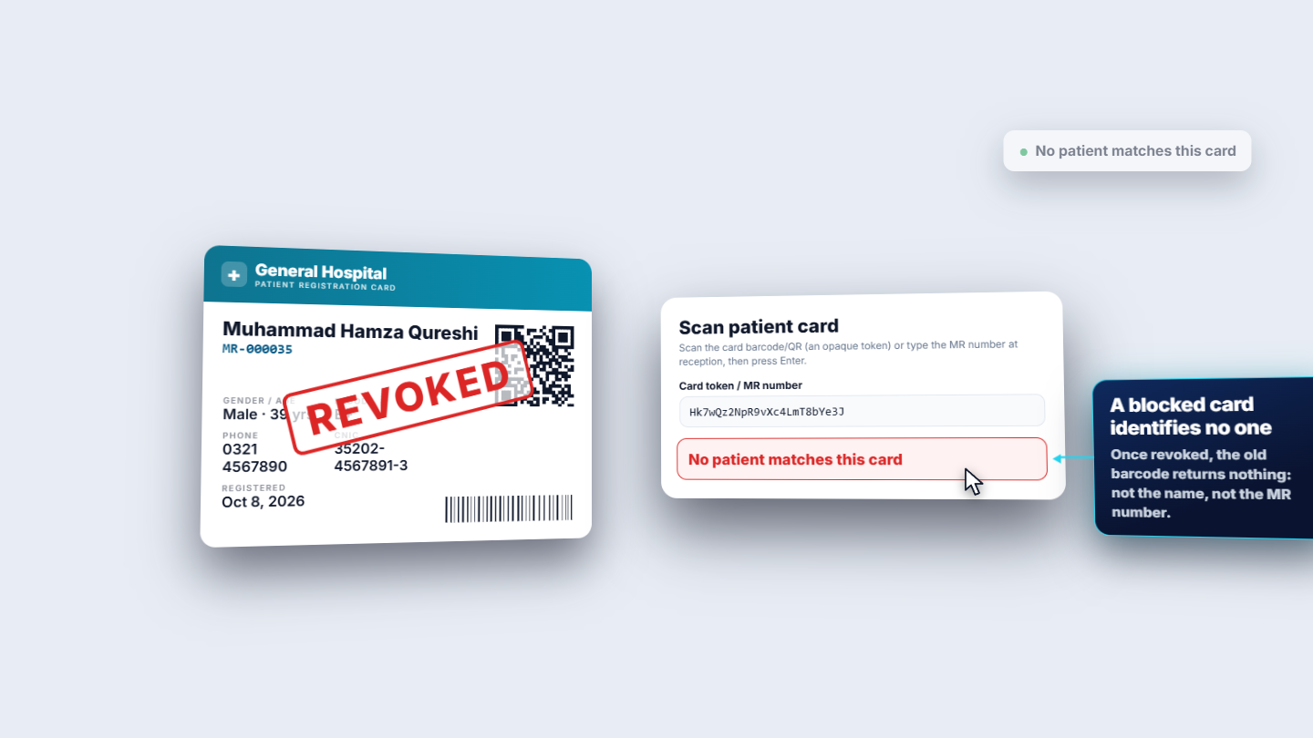 Scan patient card showing No patient matches this card