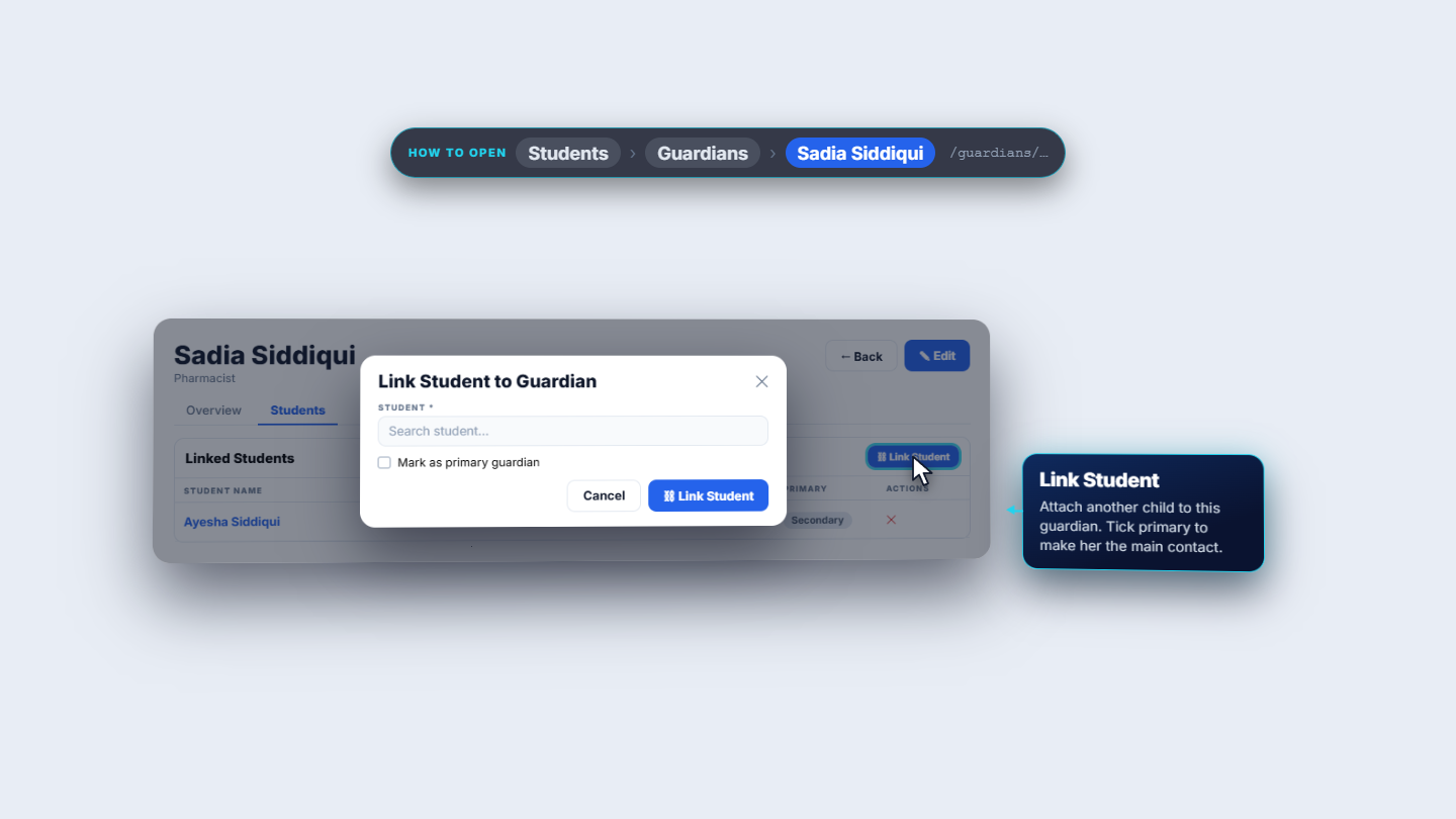 Guardian record with the Students tab