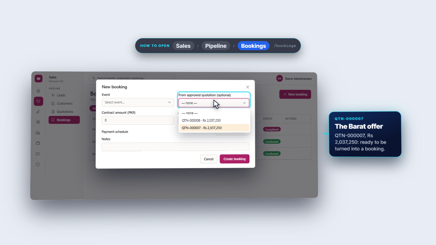 New booking dialog with approved quotations in the list