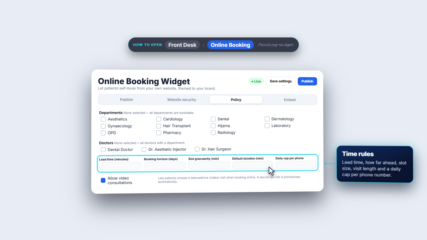 Policy tab with departments, doctors, time rules and Allow video consultations