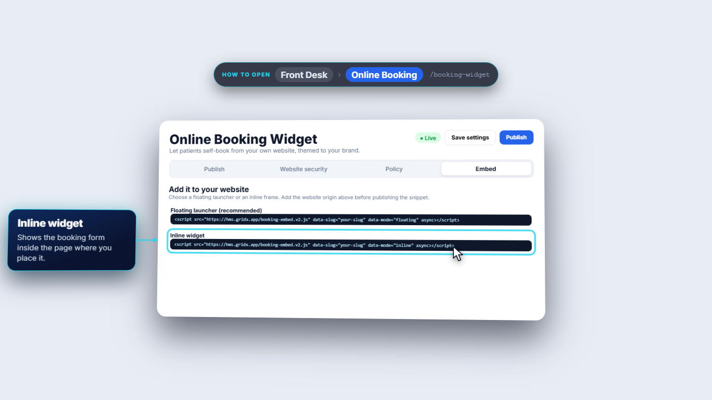 Embed tab with the Floating launcher and Inline widget snippets