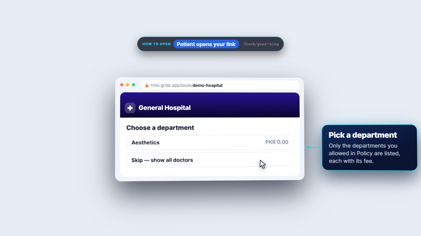 Public booking page asking the patient to Choose a department