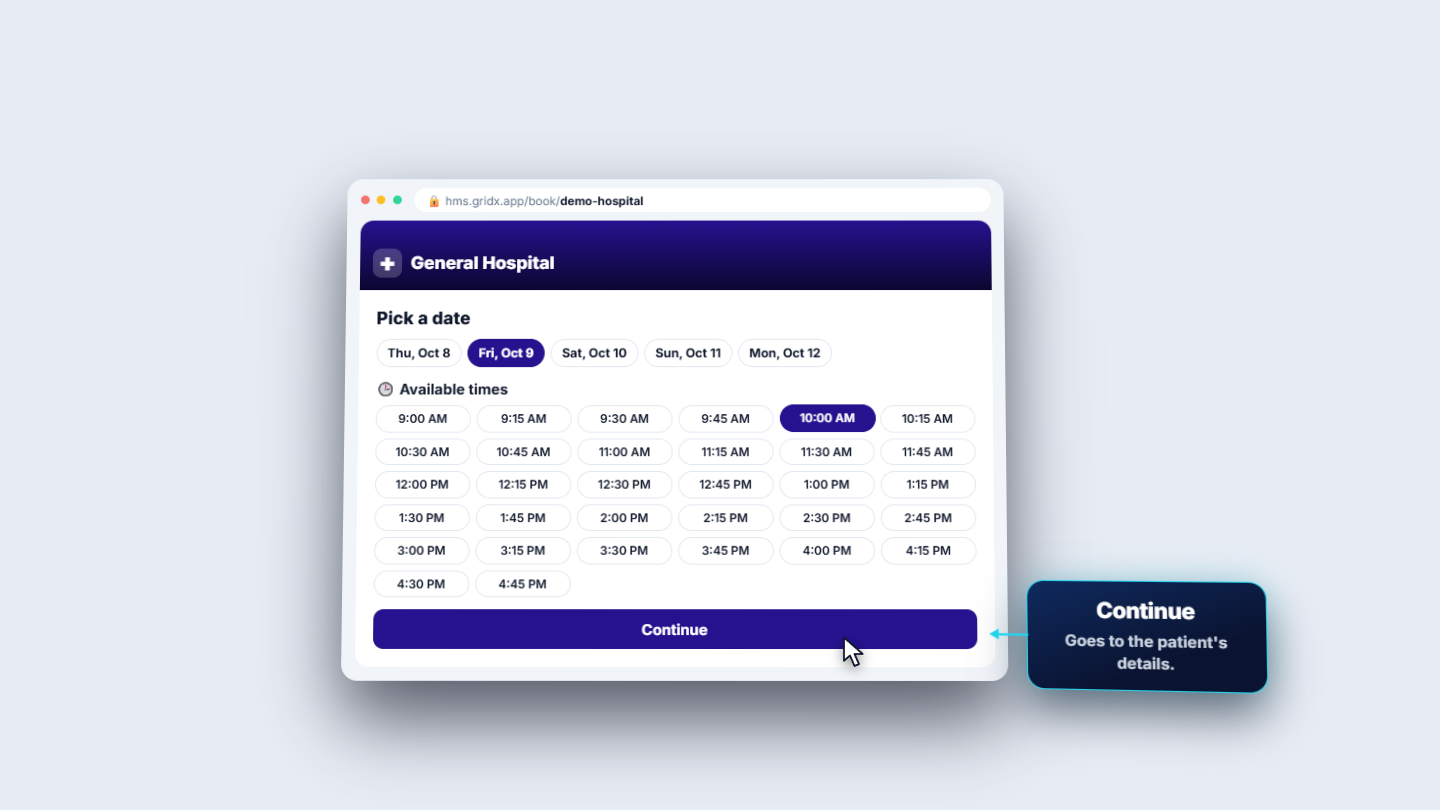 Pick a date with Available times and the Continue button