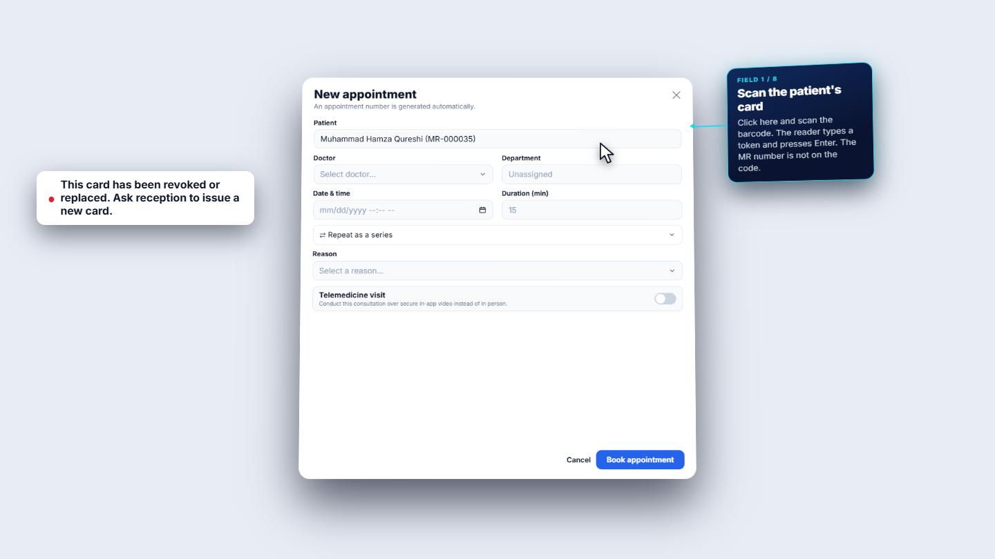New appointment form with the revoked-card message