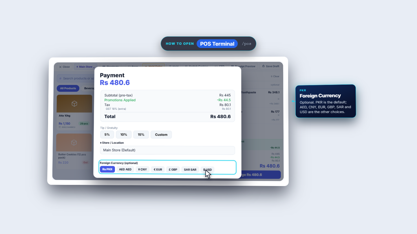 Payment dialog with totals and options
