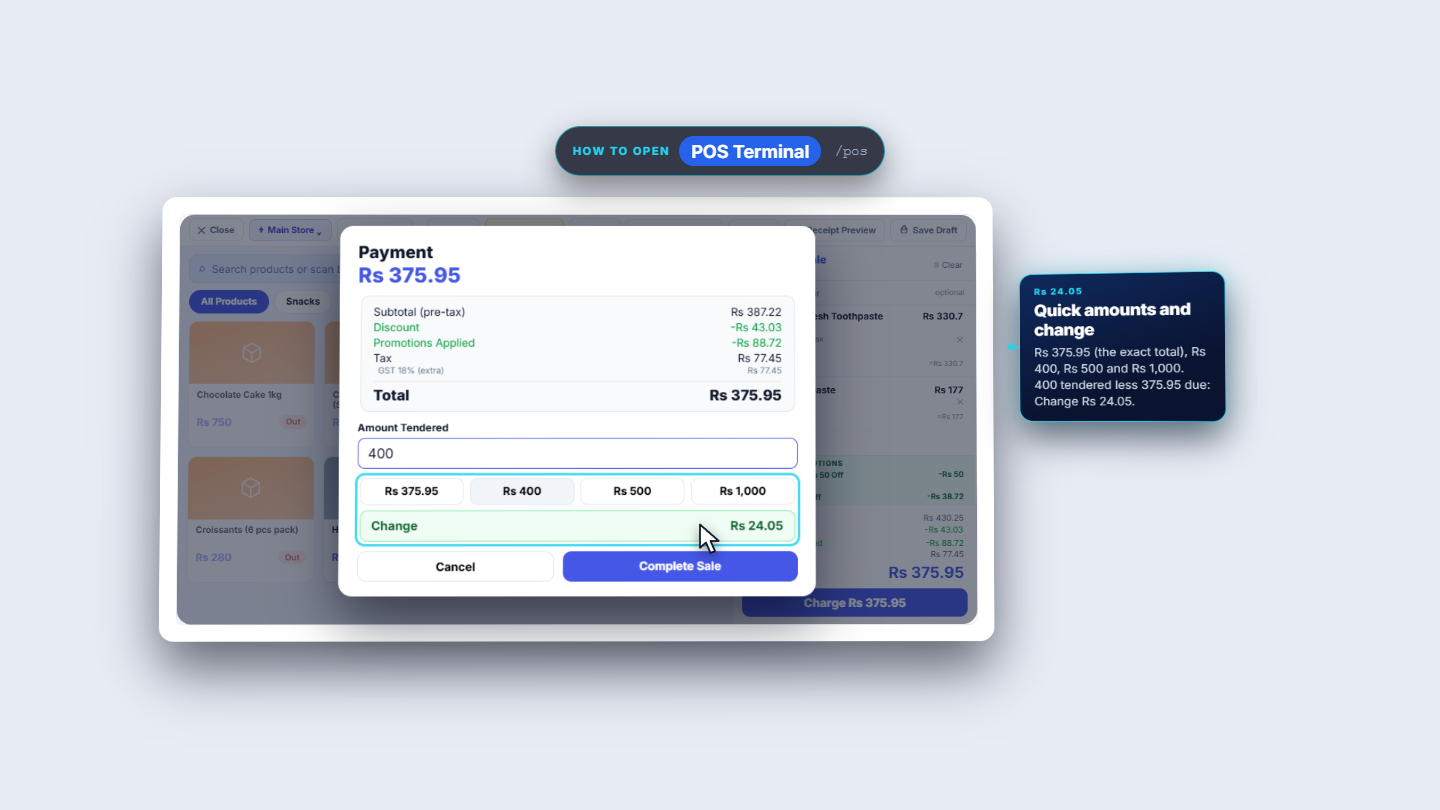 Payment with the Discount row and change