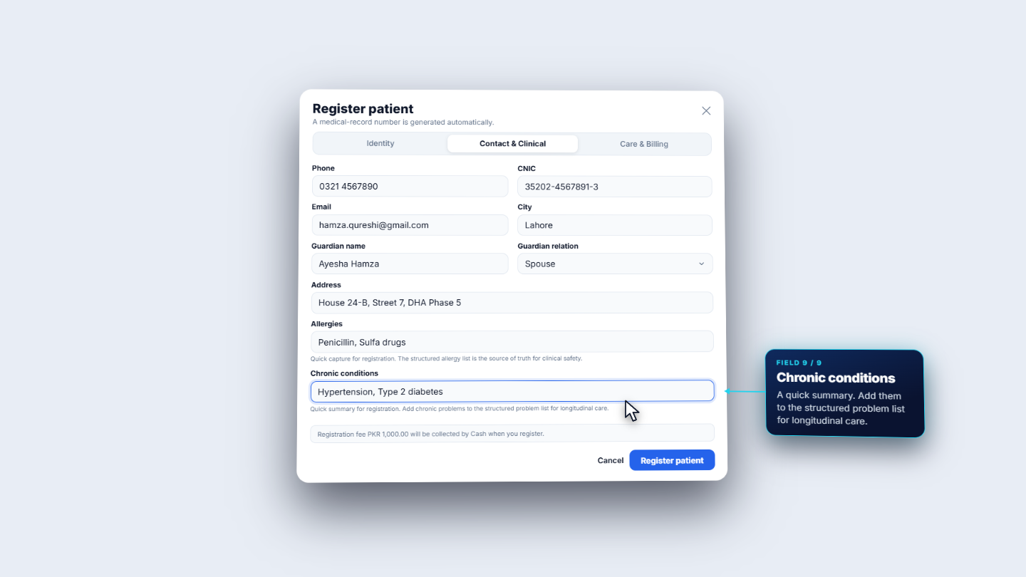 Contact & Clinical tab filled with phone, CNIC, guardian, address and allergies