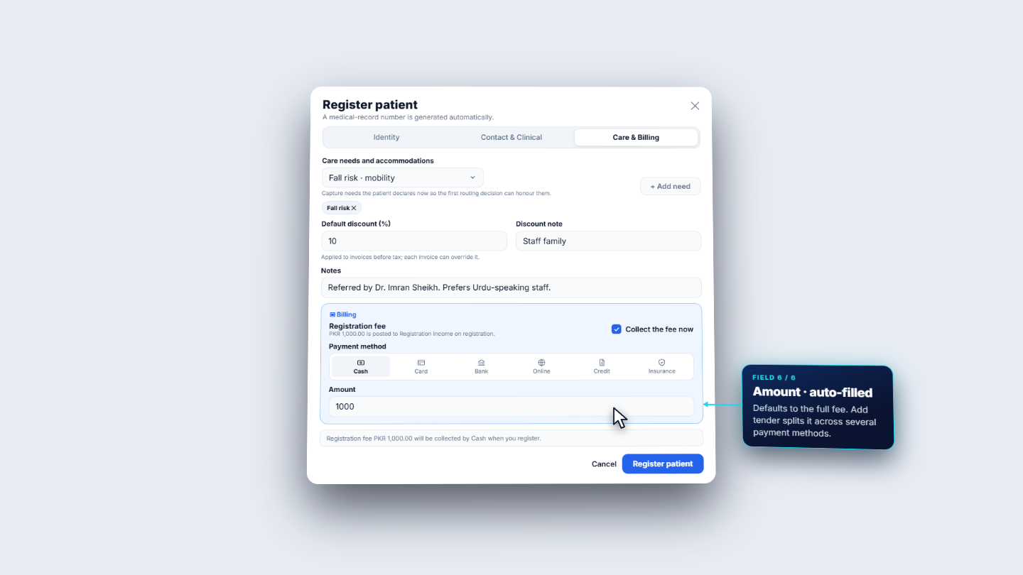 Care & Billing tab with fall risk, 10 percent discount, notes and Amount 1000