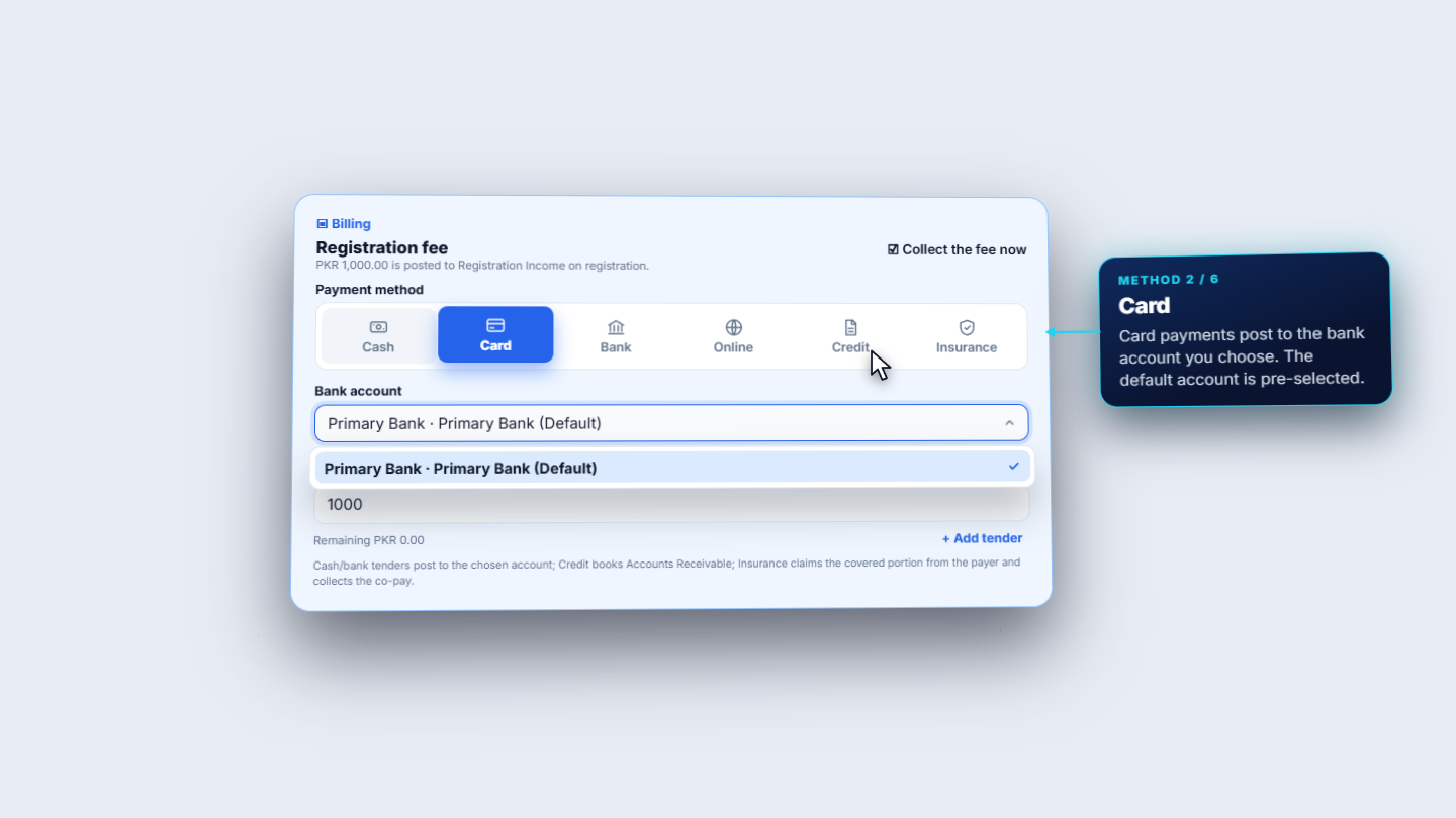 Payment method chips with Card selected and Bank account list