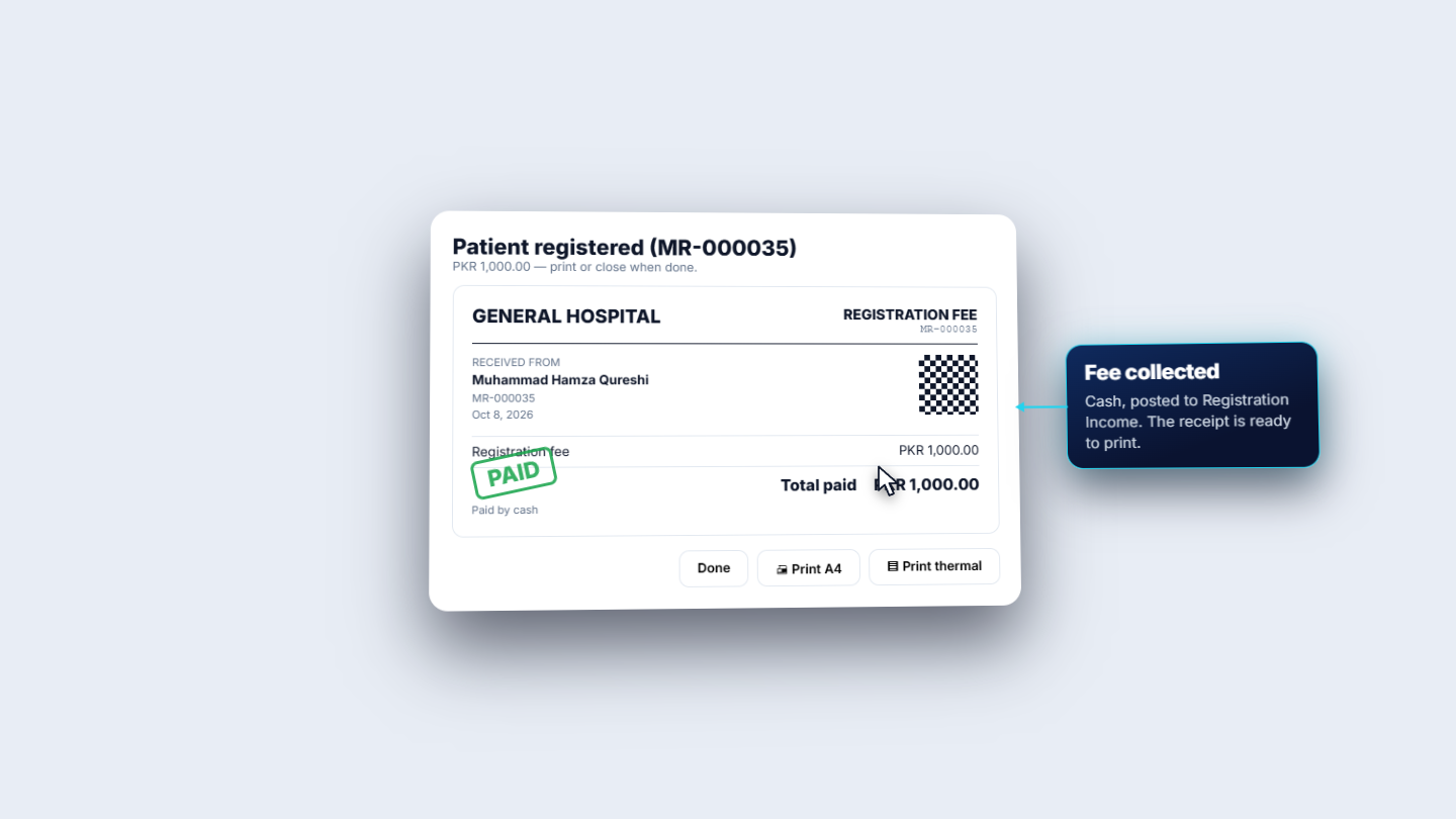 Patient registered (MR-000035) with the fee receipt marked PAID
