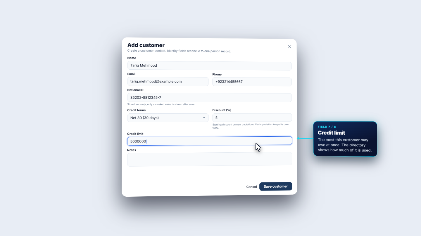 Credit limit field being filled in on the Add customer form